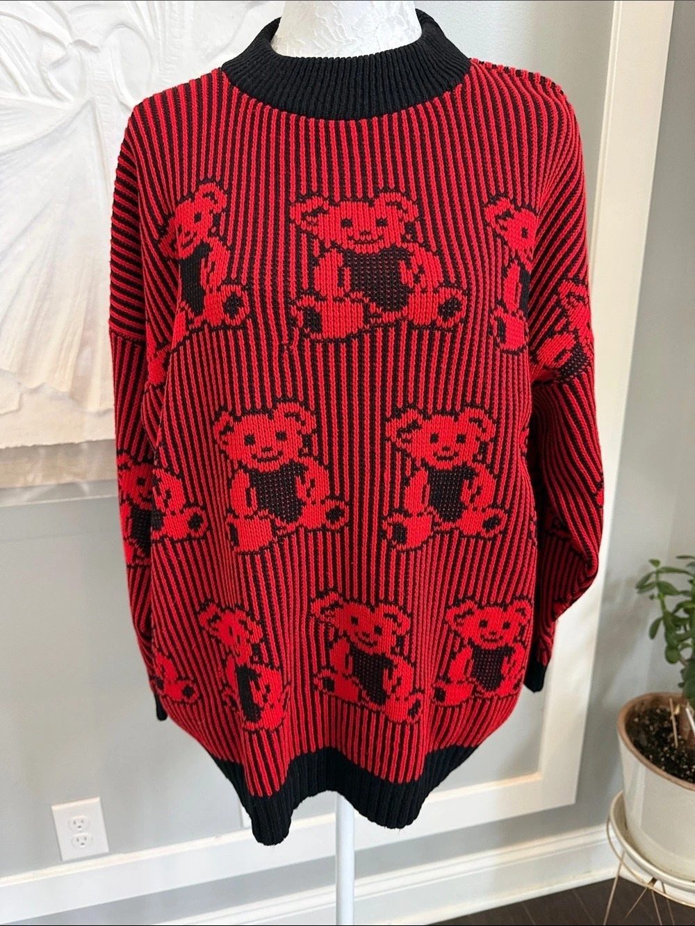 VTG 80s Adele Knitwear Red Black Teddy Bear All Over Print Sweater Modern Sz. XL